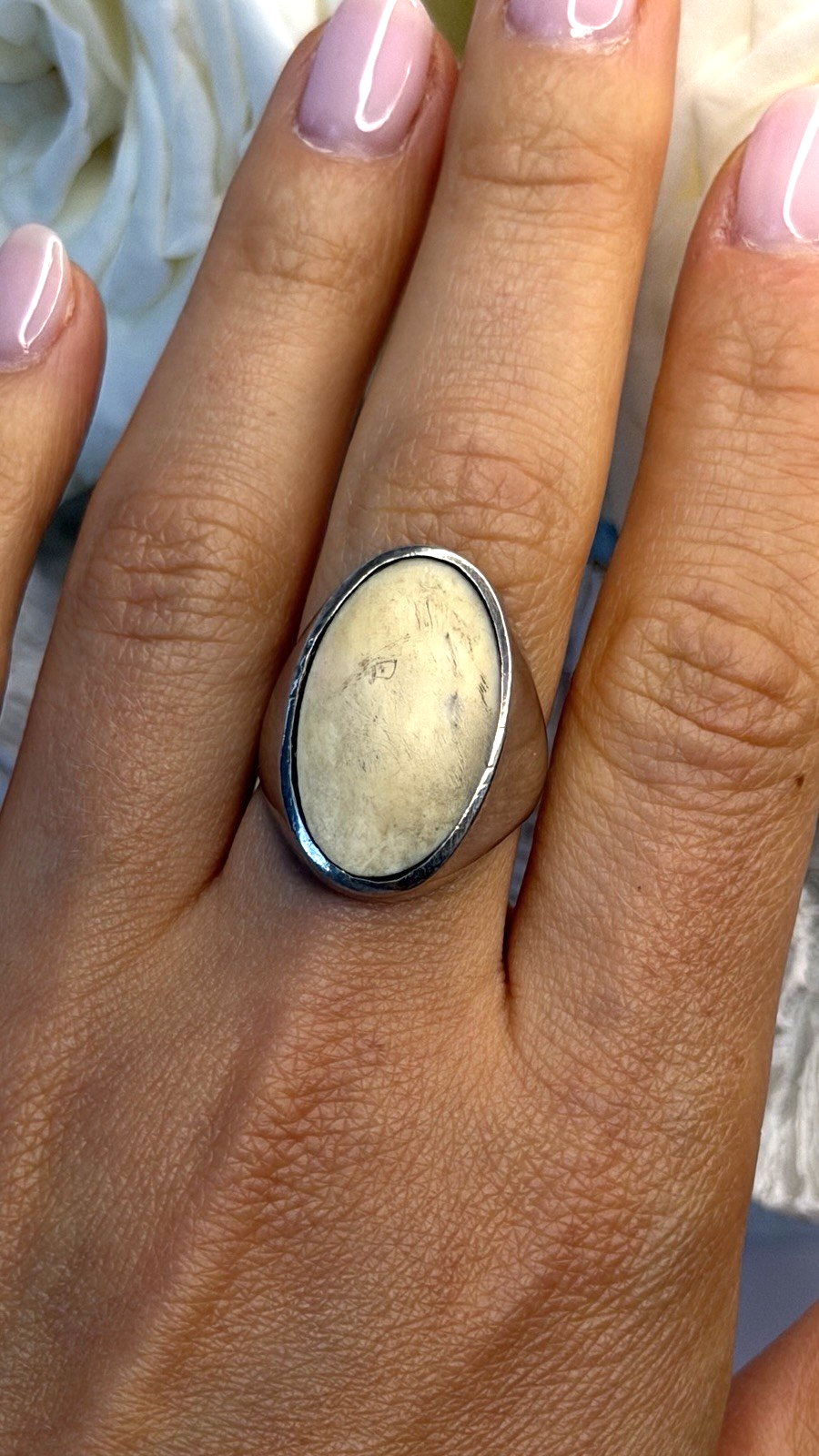 925 Sterling Silver Light Cream Jasper Oval Ring Size 8.5