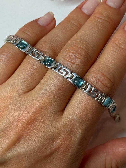 925 Sterling Silver Bracelet Aquamarine Length 7.5 in