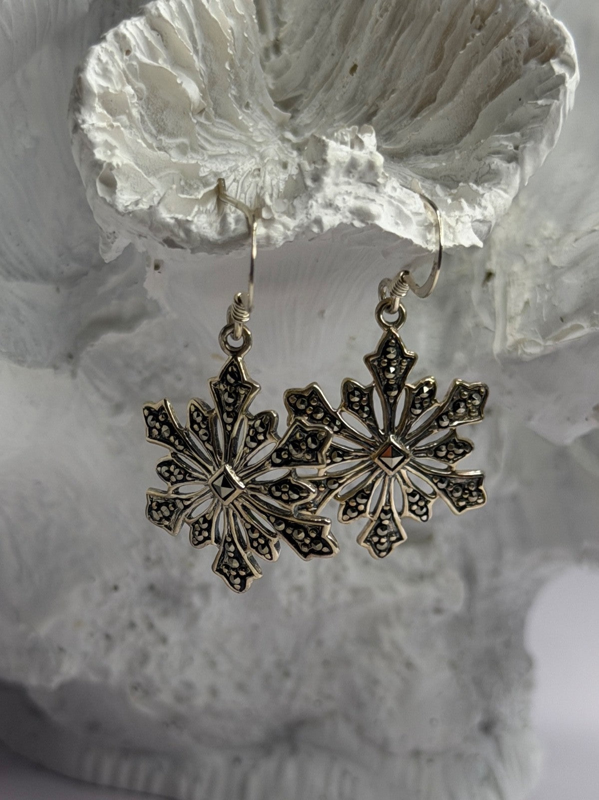 925 Sterling Silver Marcasite Snowflake Earrings
