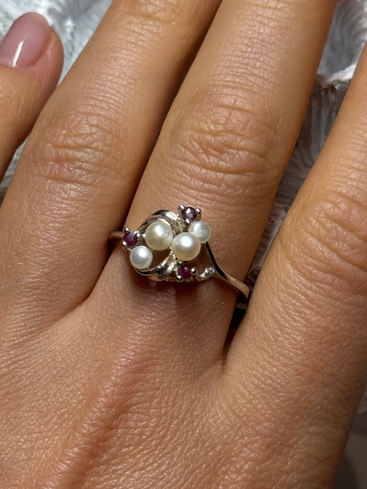 925 Sterling Silver Pearls & Ruby Ring Size 8