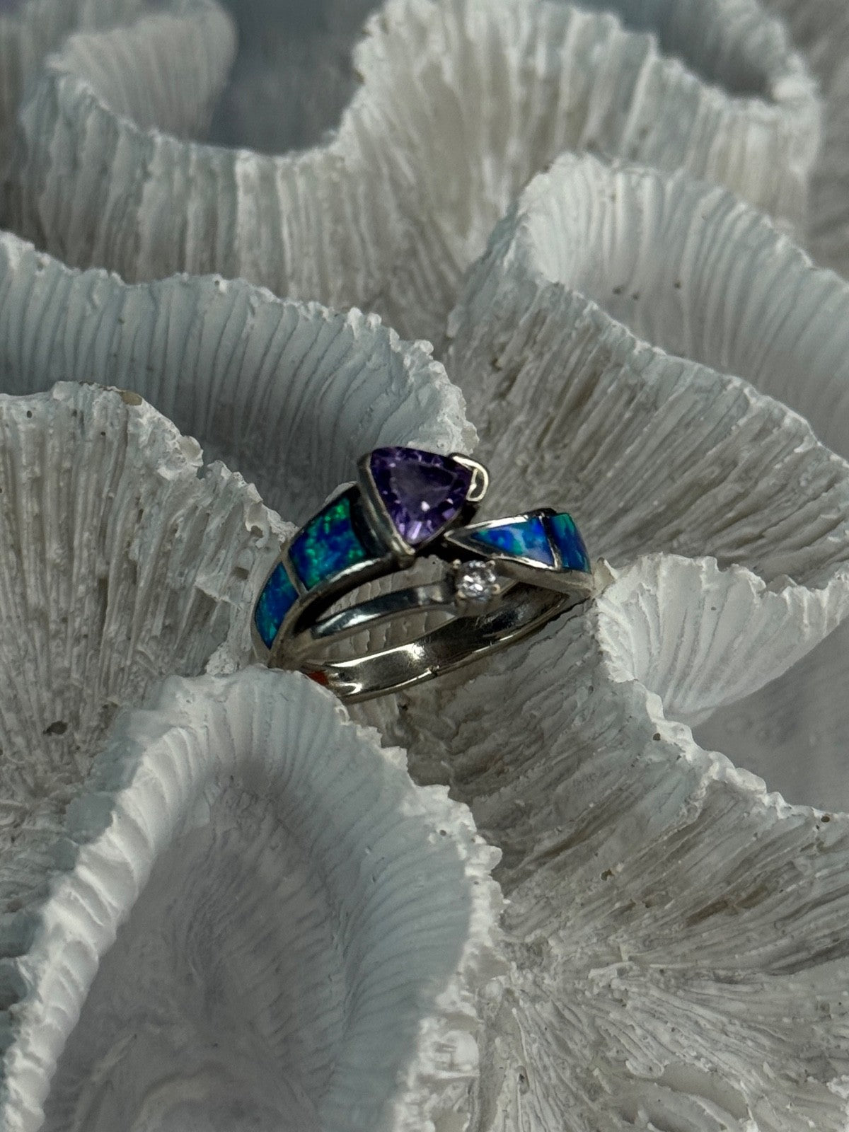 925 Sterling Silver Amethyst & Beryl & Opal Ring Size 7