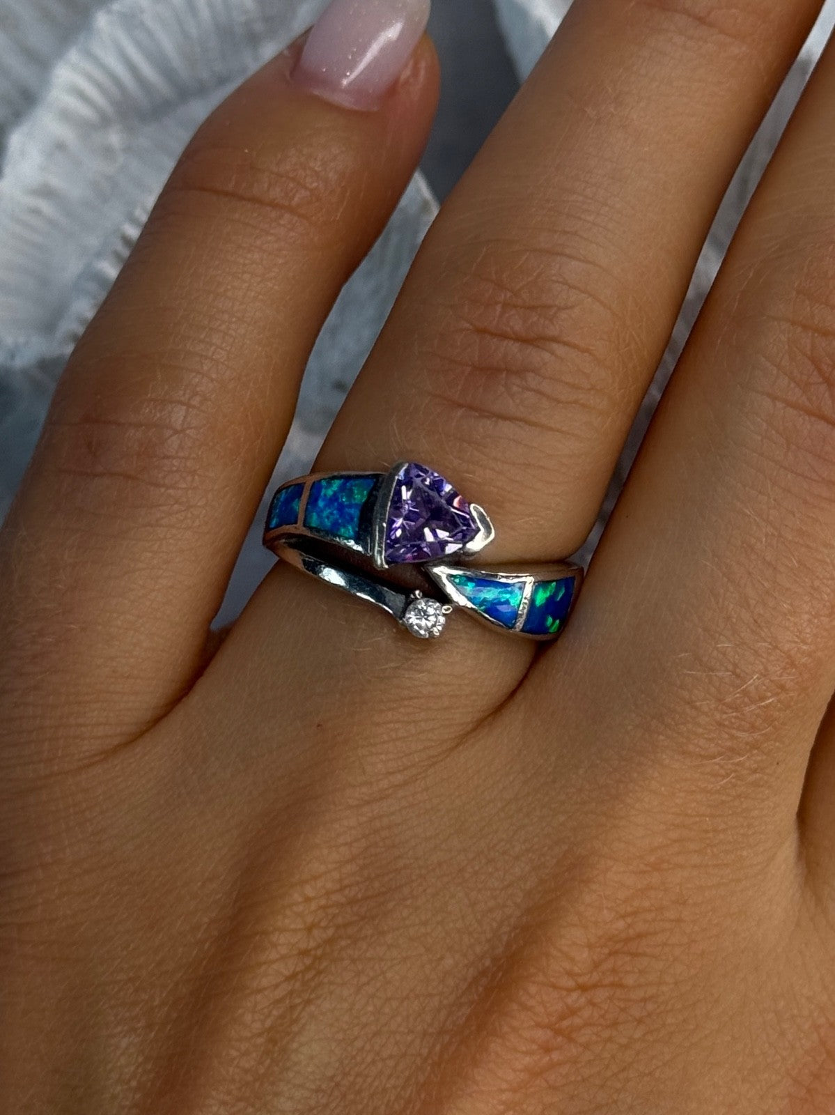 925 Sterling Silver Amethyst & Beryl & Opal Ring Size 7