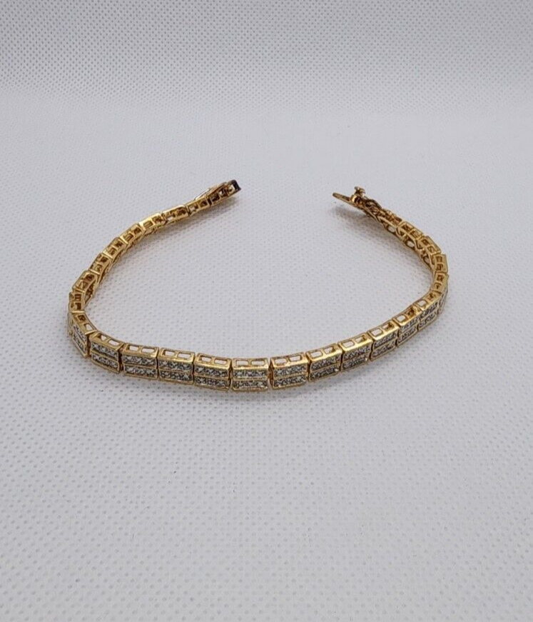 925 Sterling Silver Vermeil Diamonds "Illusion" Bracelet Size 7.5 IN