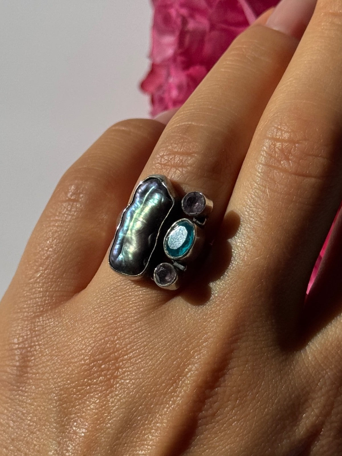 925 Sterling Silver Abalone Amethyst Aquamarine Ring Size 6