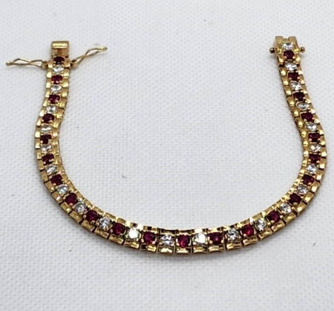 925 Sterling Silver Vermeil Ruby AND Quartz Bracelet Size 7.15 IN