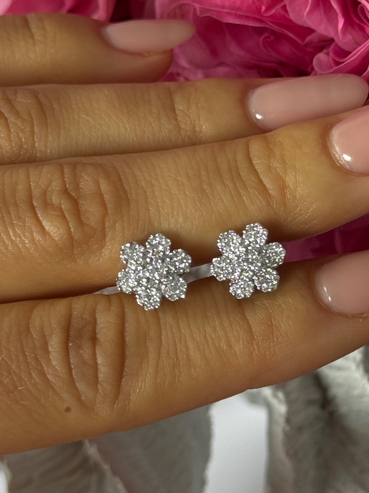14K White Gold Diamond Flower Earrings