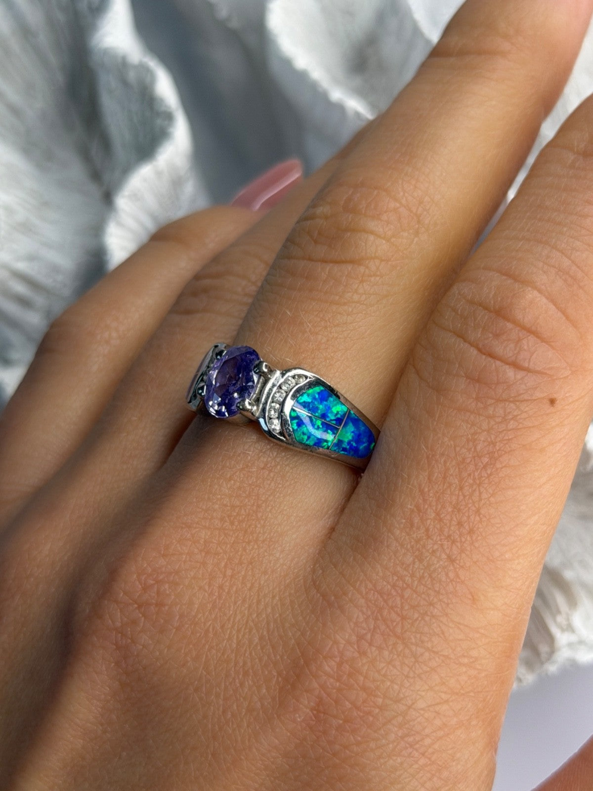 AK 925 Sterling Silver Amethyst & Opal & Beryl Ring Size 8