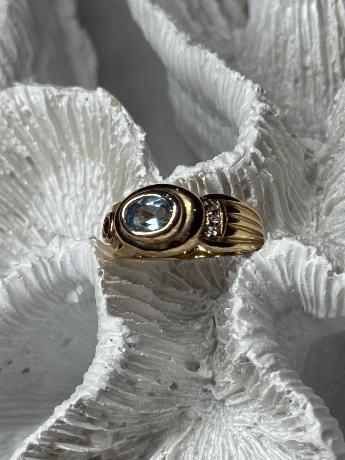 925 Sterling Silver Gold Plated Aquamarine, Garnet & CZ Ring Size 4