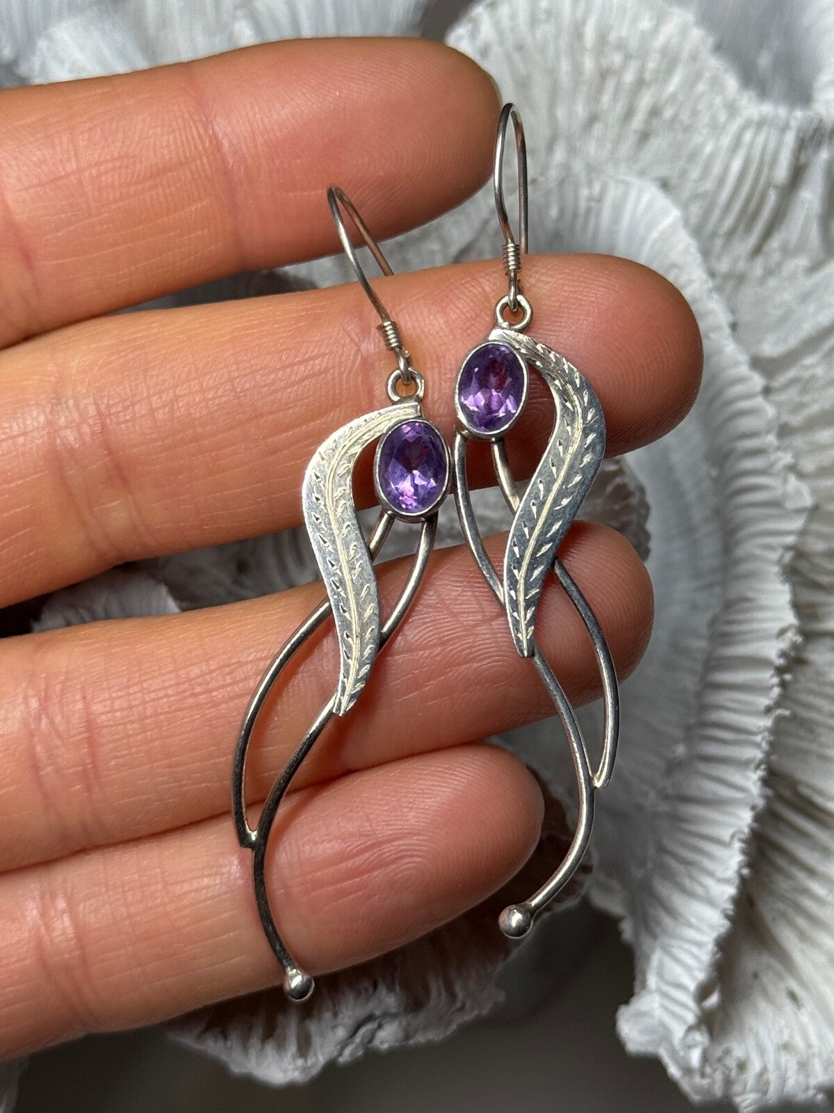 925 Sterling Silver Amethyst Earrings Length 2.6 Inch