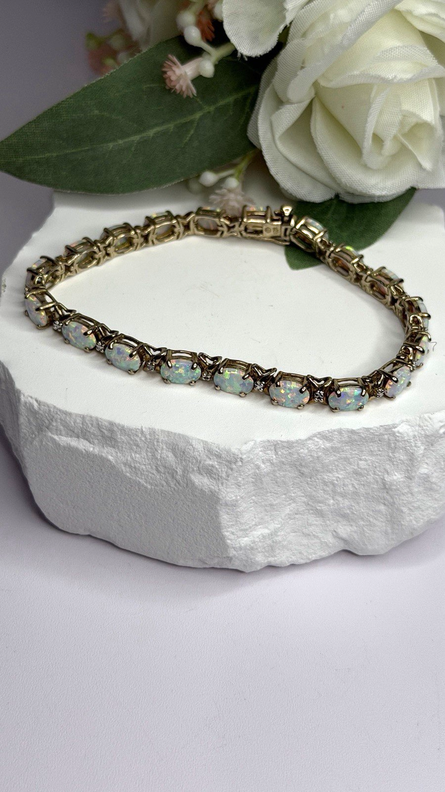 925 Sterling Silver Gold Plated Shiny Opal Bracelet Size 7