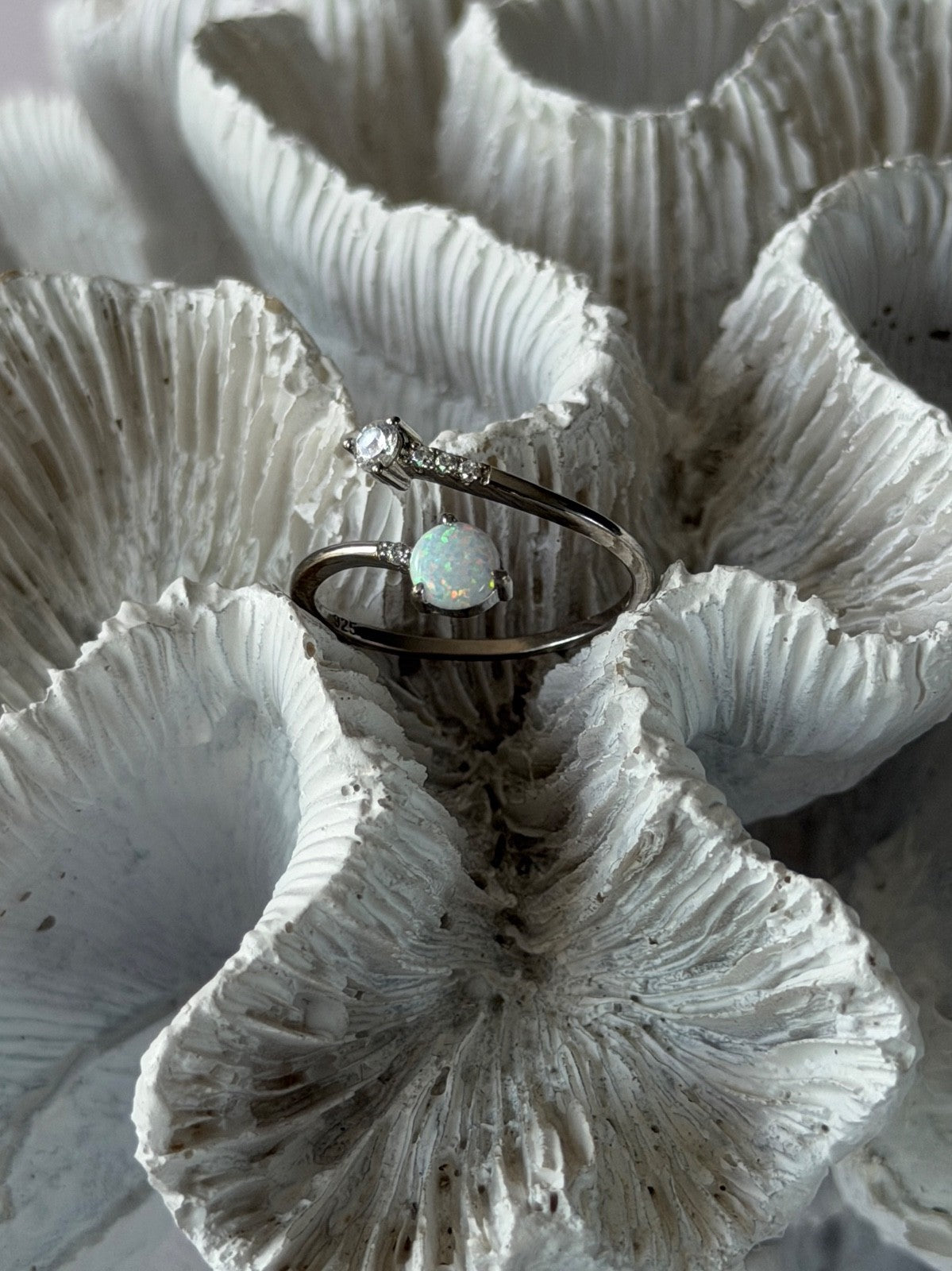 Adjustable 925 Sterling Silver Opal & Beryl Ring