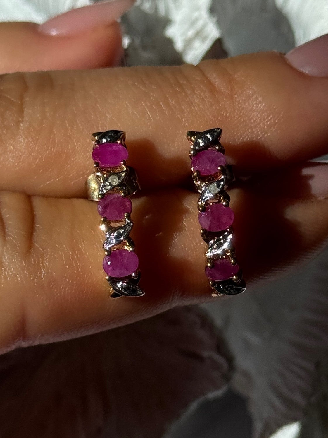 925 Sterling Silver Gold Plated Ruby & Diamond Earrings Length 0.77 Inch