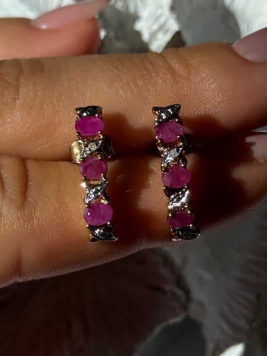 925 Sterling Silver Gold Plated Ruby & Diamond Earrings Length 0.77 Inch