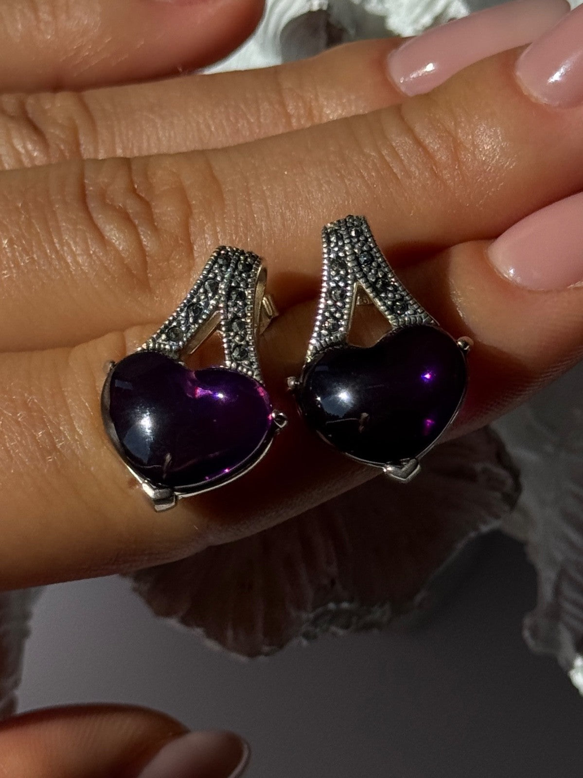 925 Sterling Silver Amethyst Heart & Marcasite Earrings Length 0.90 Inch