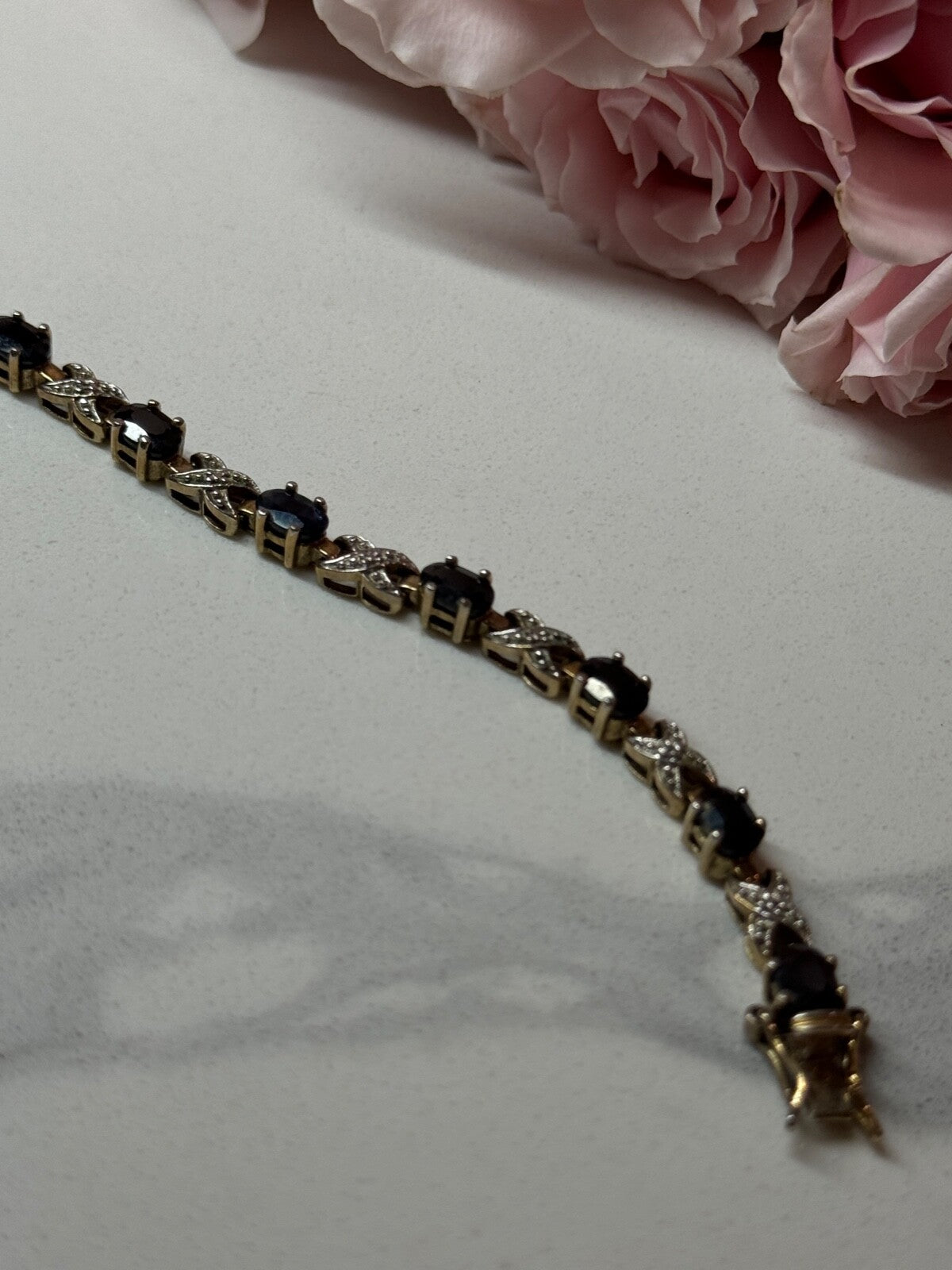 925 Sterling Silver Gold Plated Sapphire Bracelet Length 7.5 in