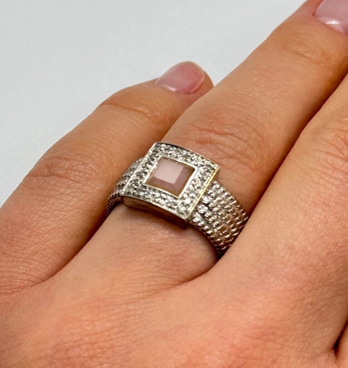 925 Sterling Silver Morganite & Goshenite Ring Size 7