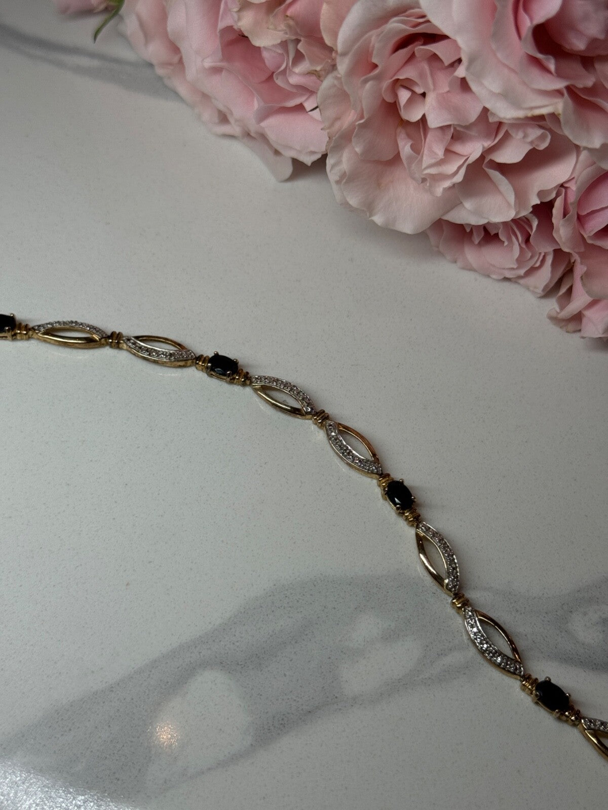 925 Sterling Silver Gold Plated Sapphire Bracelet Length 7.5 in