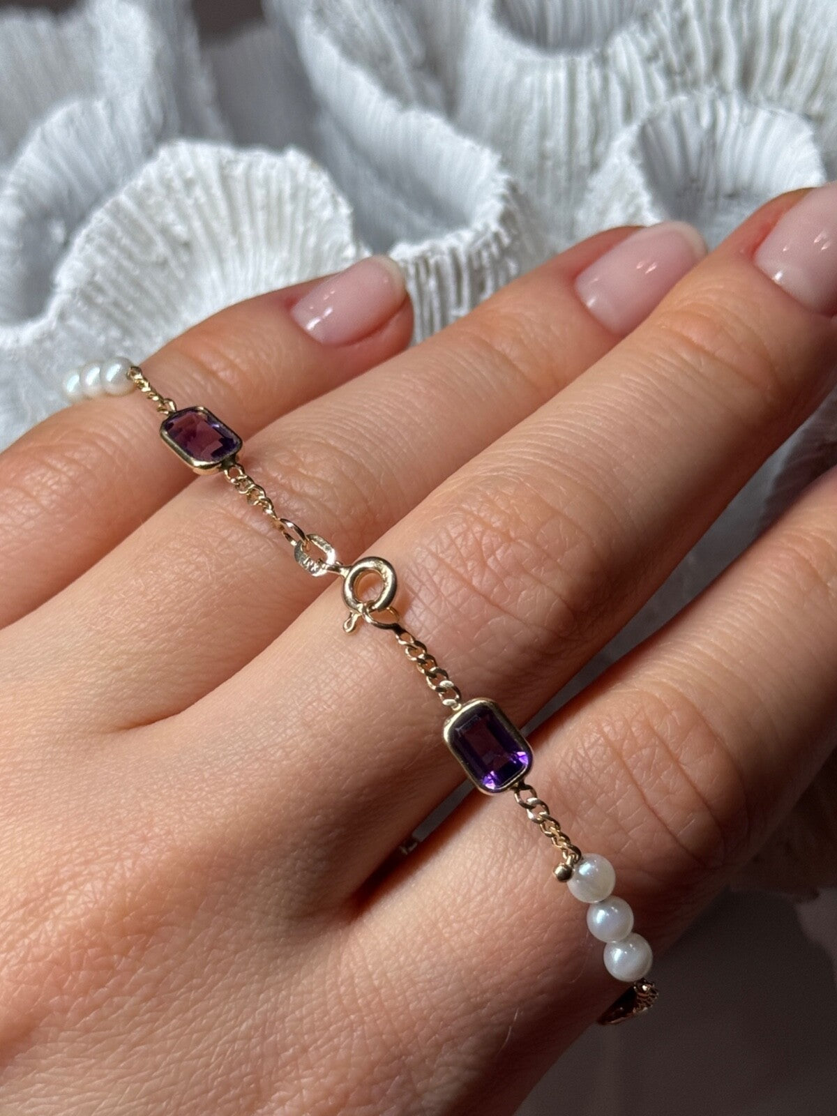 14K Yellow Gold Amethyst & Pearls Bracelet Length 7