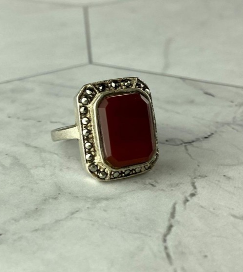 Vintage 925 Sterling Silver Agate & Marcasites Ring Size 7