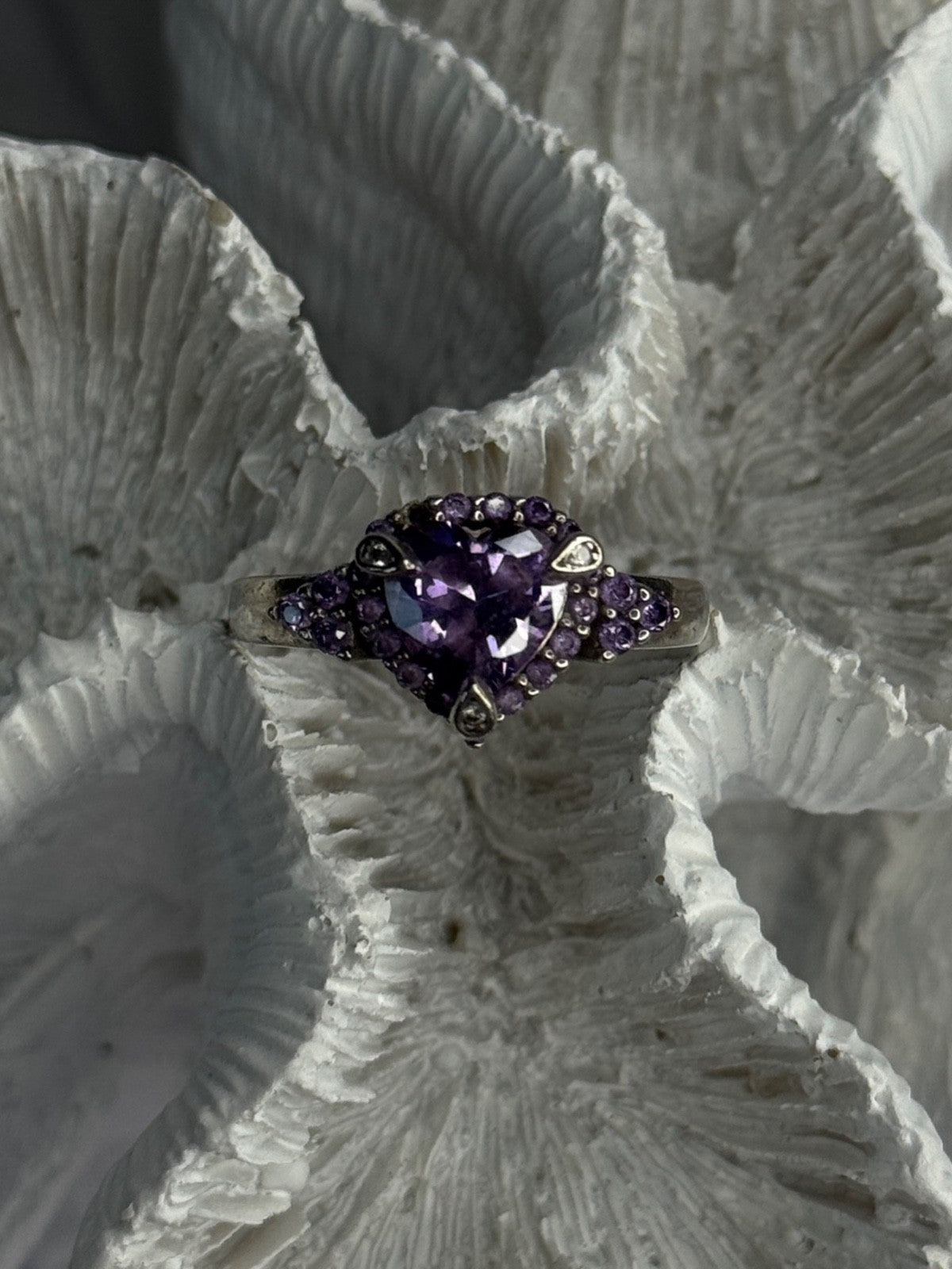 925 Sterling Silver Amethyst & Diamond Heart Ring Size 8.5
