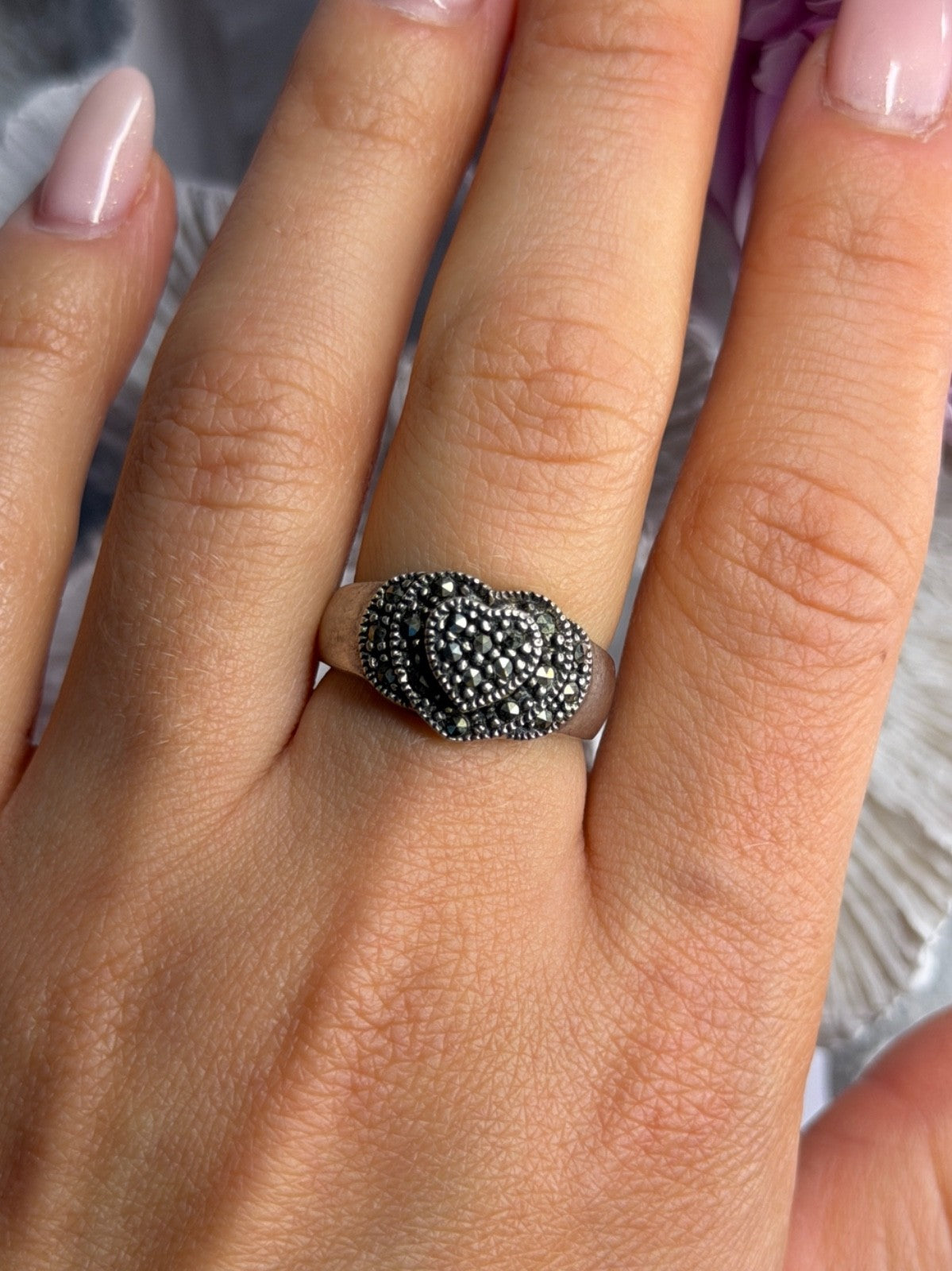 Vintage 925 Sterling Silver Marcasite Heart Ring Size 8