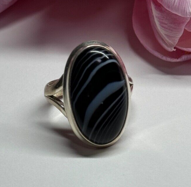 925 Sterling Silver Agate Ring Size 7