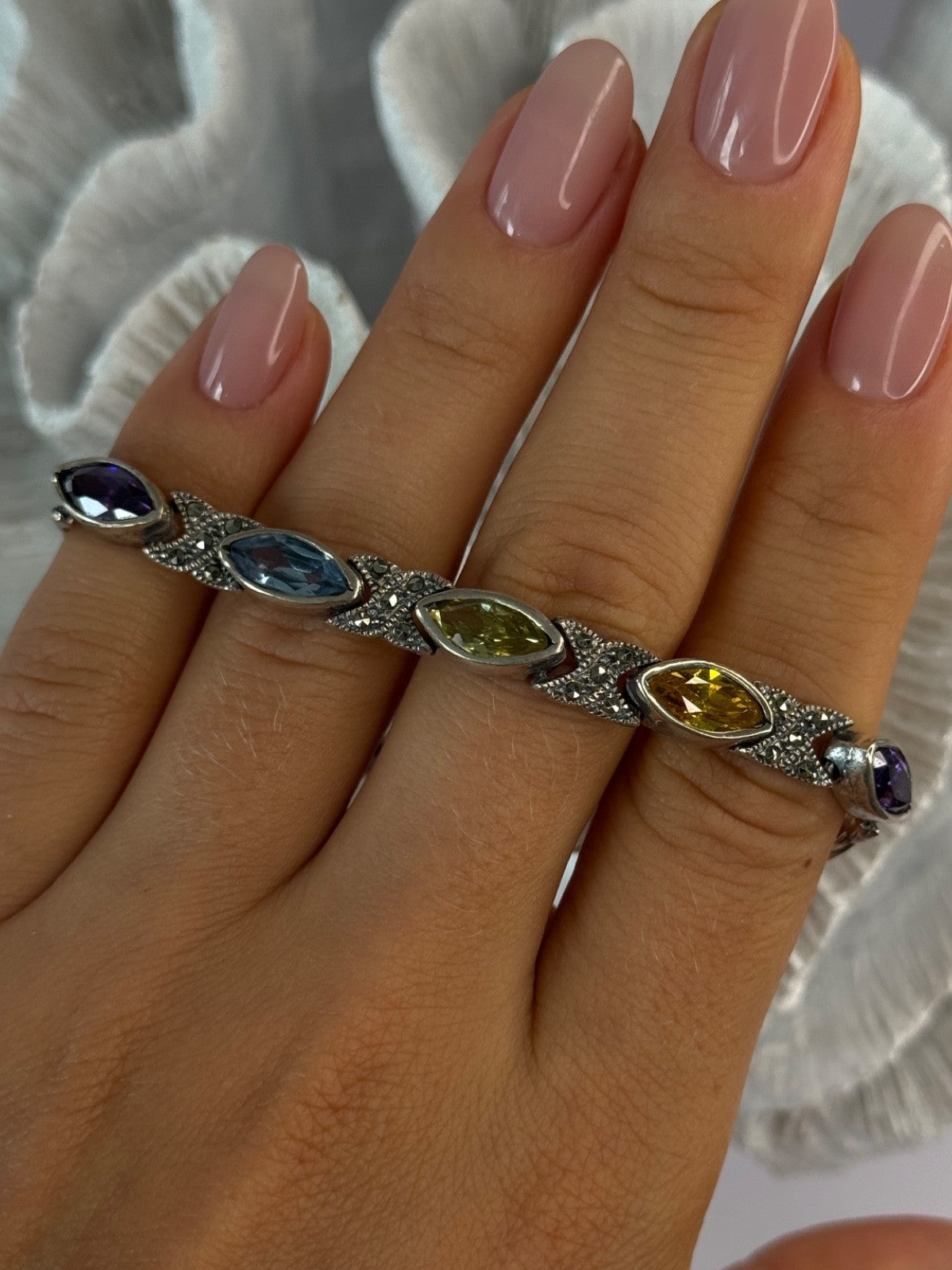 Vintage 925 Sterling Silver Multi Color Gemstones Bracelet Length 7