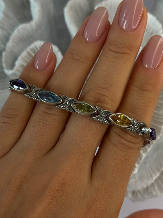 Vintage 925 Sterling Silver Multi Color Gemstones Bracelet Length 7