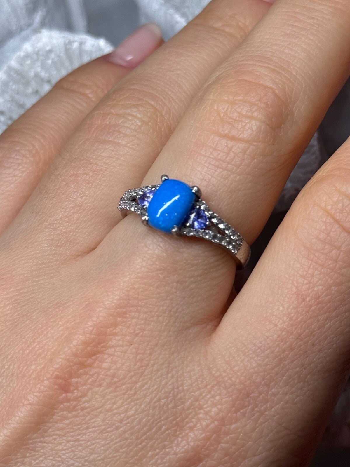 925 Sterling Silver Blue Agate, Tanzanite & Beryl Ring Size 7.5
