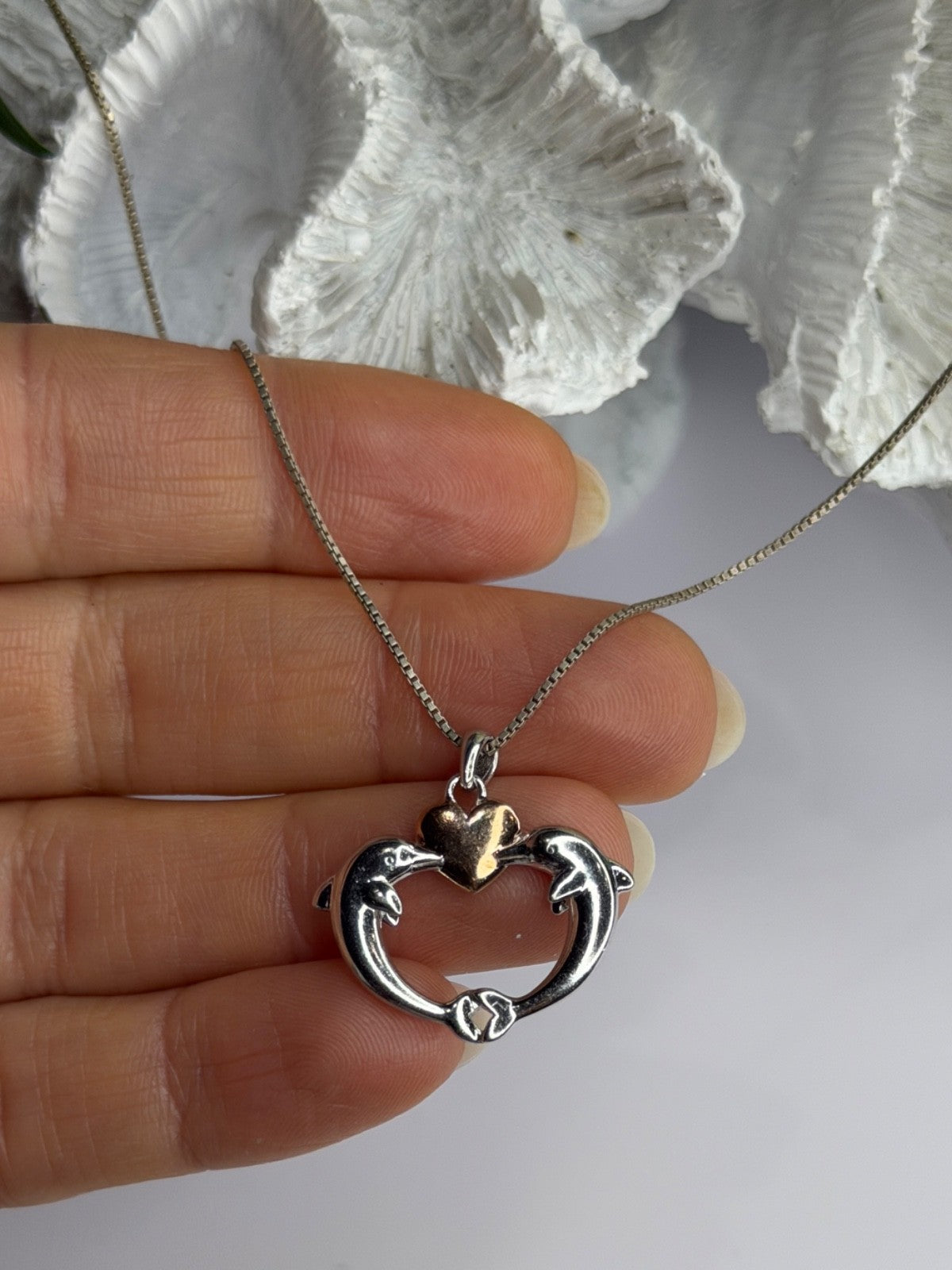 925 Sterling Silver Gold Plated Heart & Dolphins Necklace Length 18 in