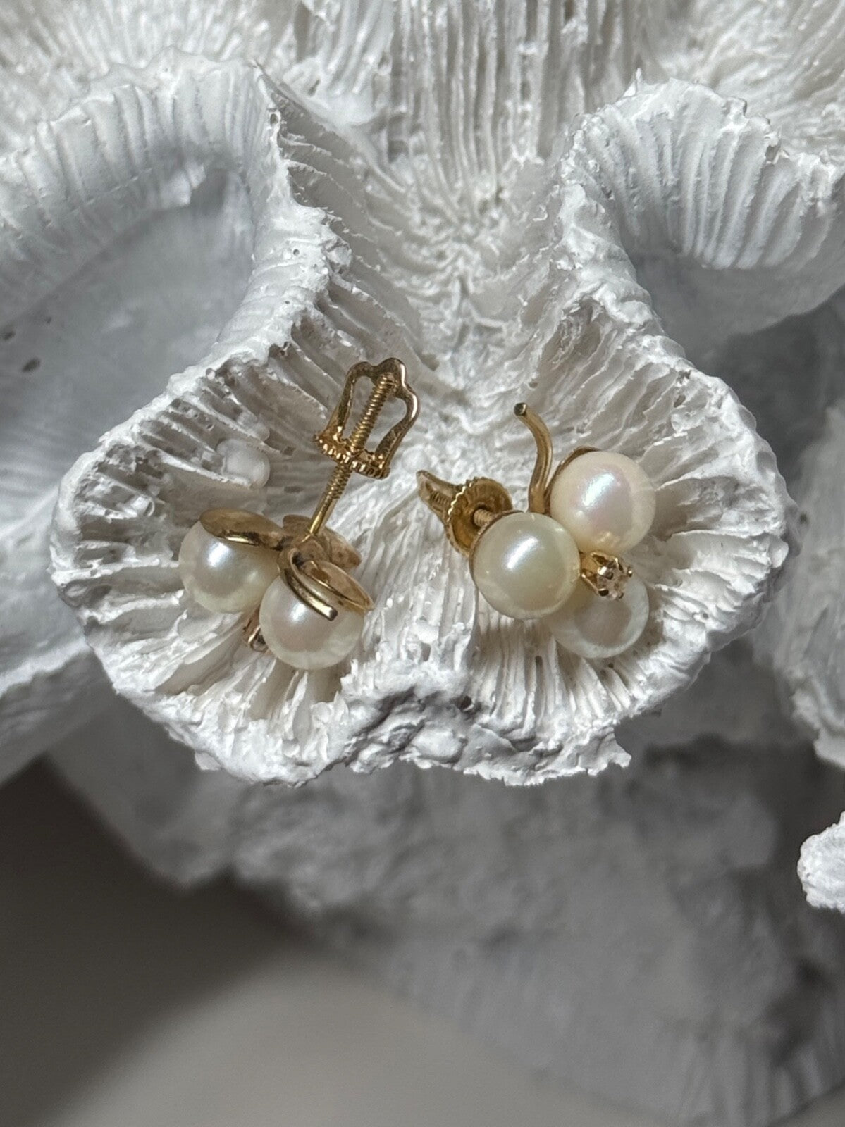 10K Yellow Gold Pearls & Diamonds Earrings Length 0.5 Inch