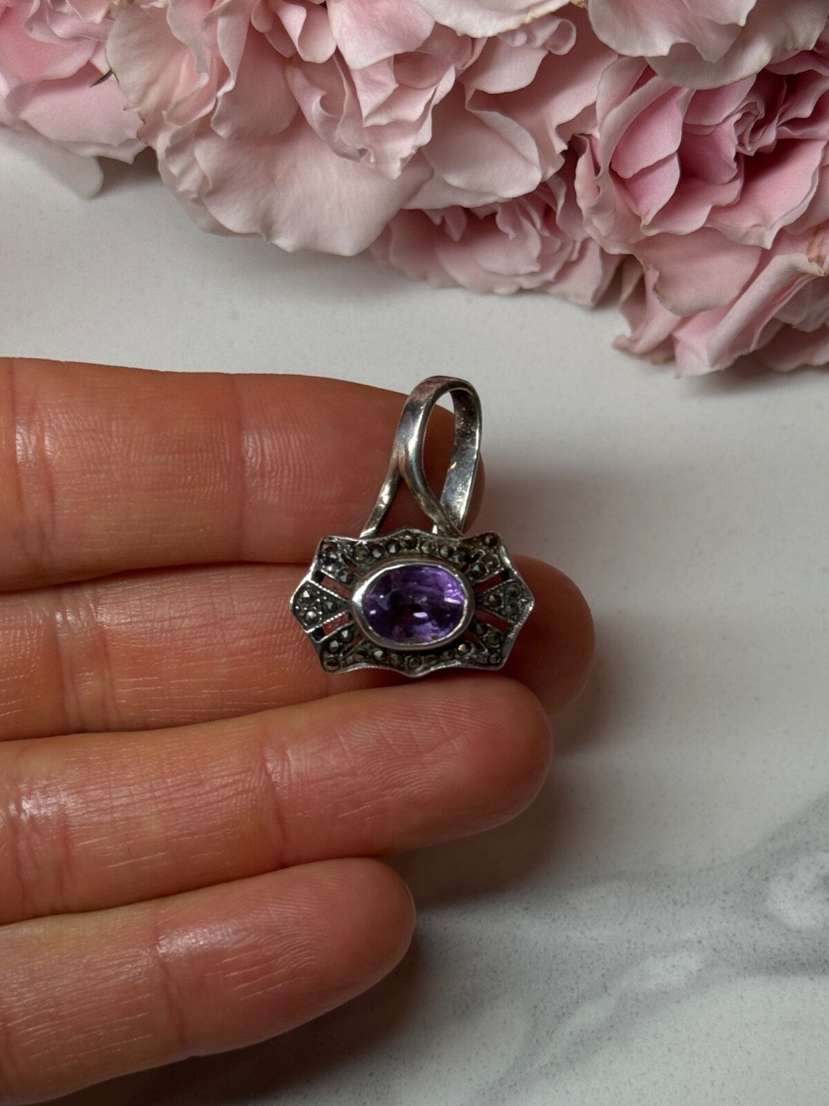 925 Sterling Silver Amethyst & Marcasite Pendant Length 1 In