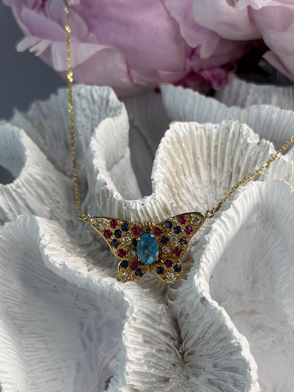 14K Yellow Gold Topaz Ruby Sapphire Diamond Necklace Butterfly
