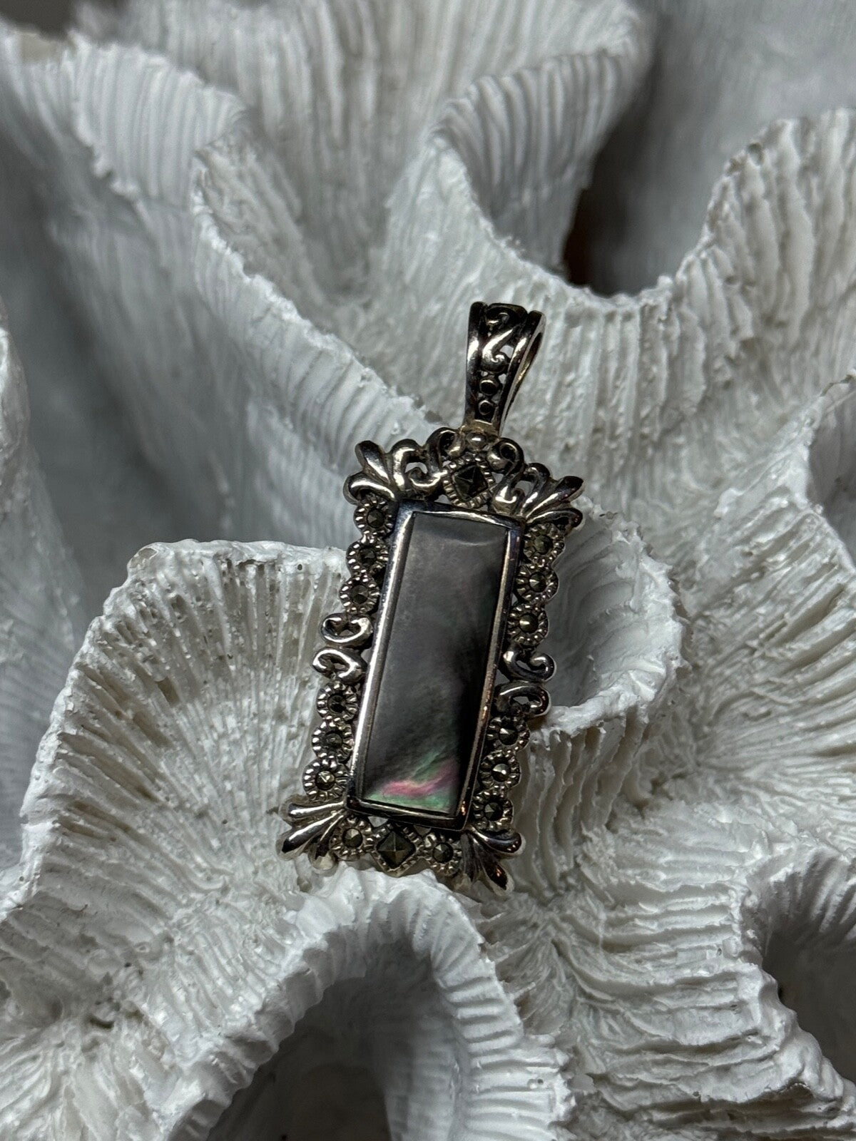 925 Sterling Silver Abalone Pendant Length 1.6 In