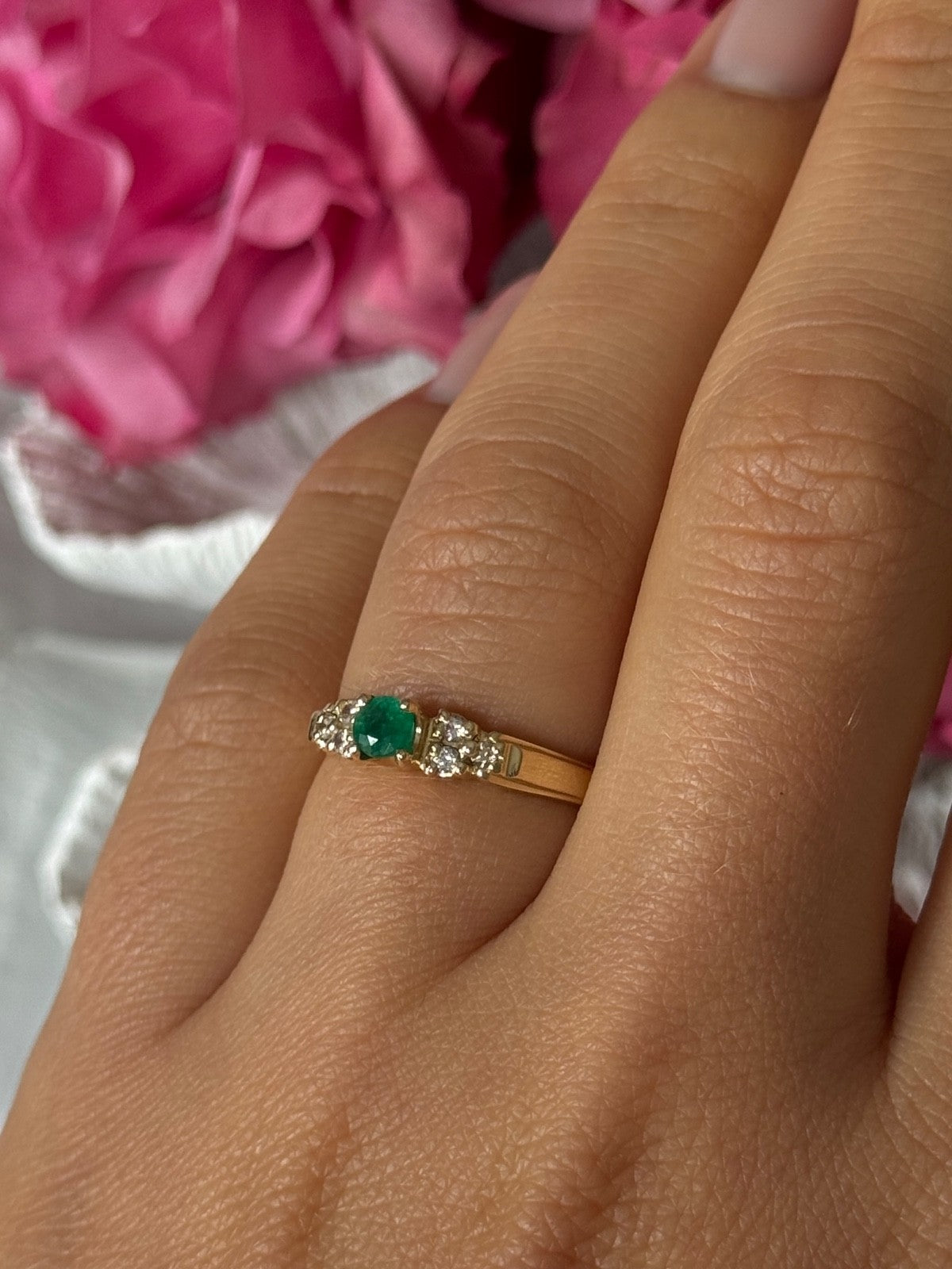 14K Yellow Gold Emerald & Diamond Ring Size 7