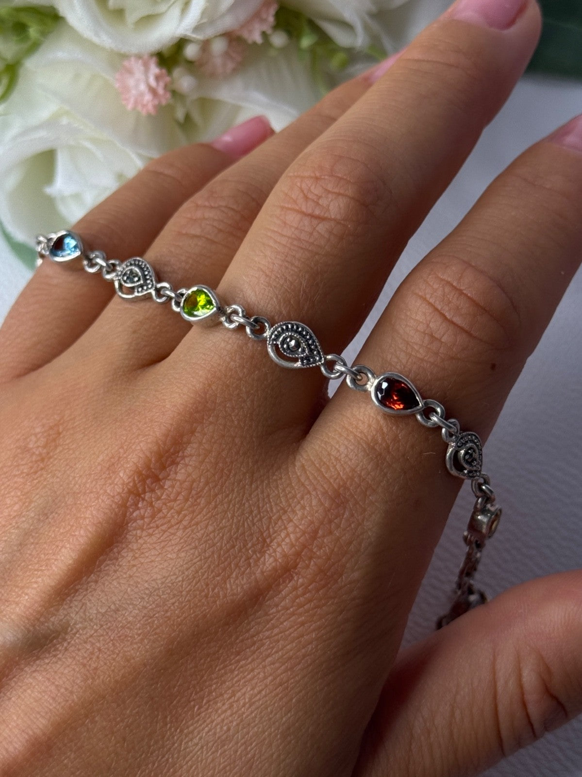 925 Sterling Silver Amethyst Citrine Garnet Peridot Topaz Bracelet Length 7.5 In