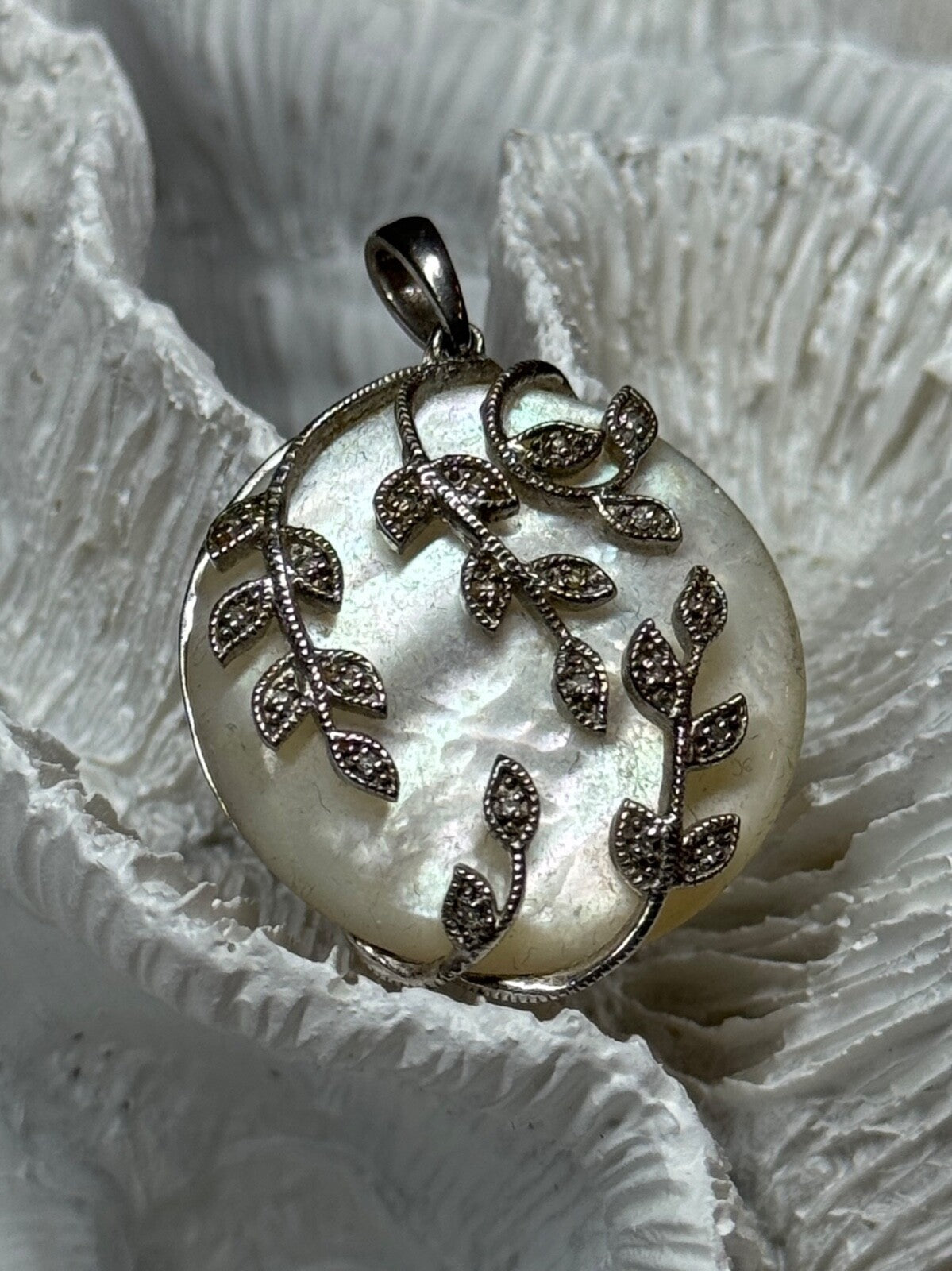 925 Sterling Silver Abalone & Marcasite Pendant Length 1.4 In