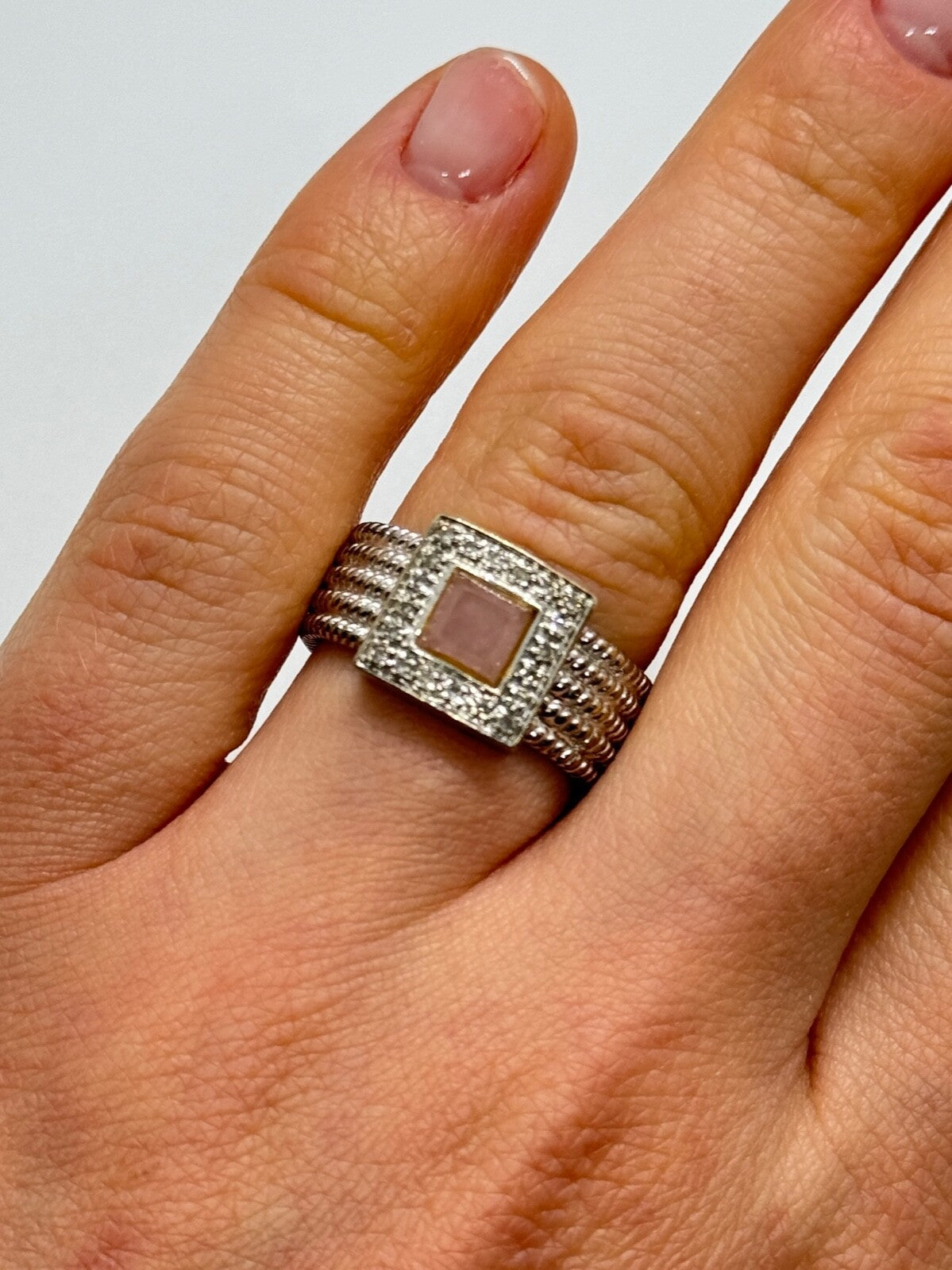 925 Sterling Silver Morganite & Goshenite Ring Size 7