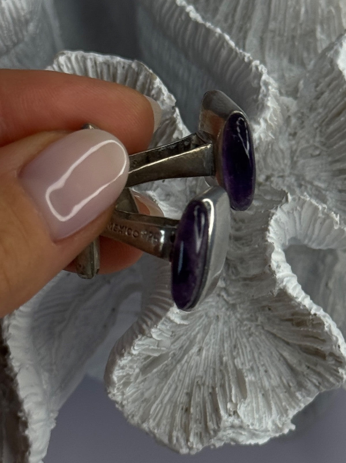 Vintage 925 Sterling Silver Amethyst Taxco Beto Cufflinks