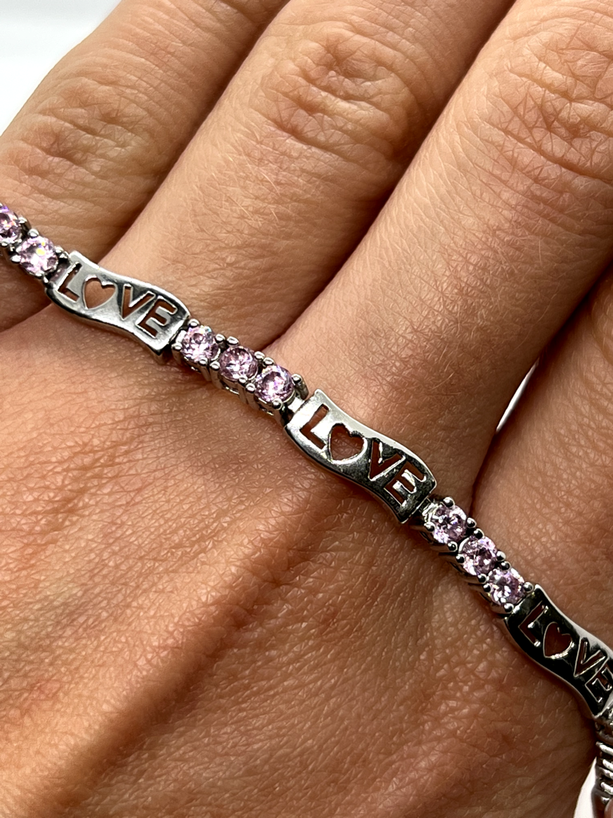 925 Sterling Silver Pink CZ "Love" Bracelet
