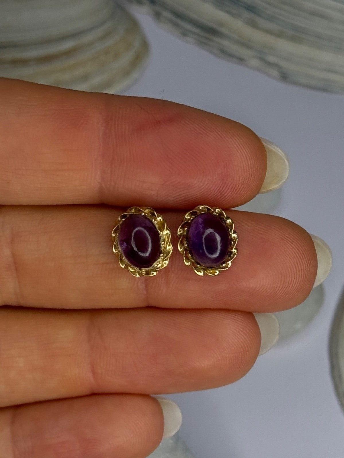 14K Yellow Gold Amethyst Stud Earrings Length 0.40 Inch