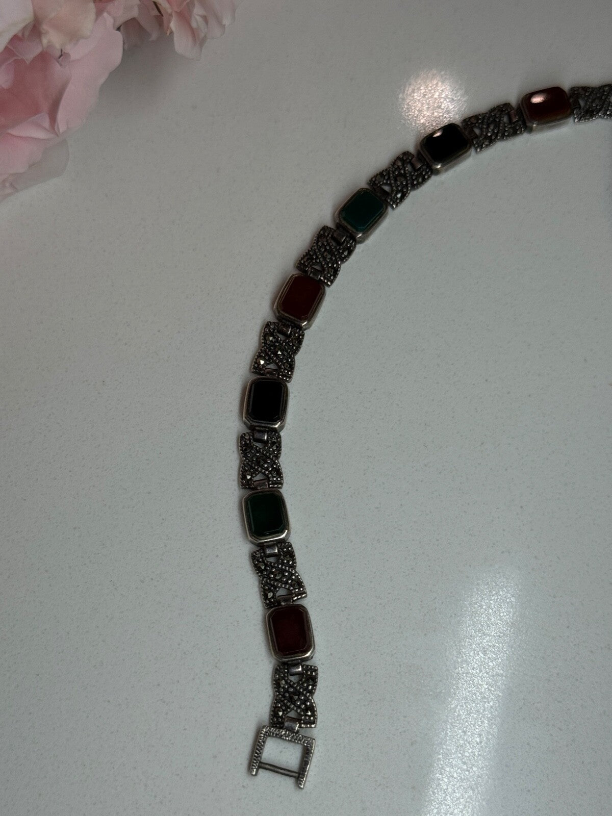 925 Sterling Silver Nephrite & Marcasite Bracelet Length 7.5 Inch