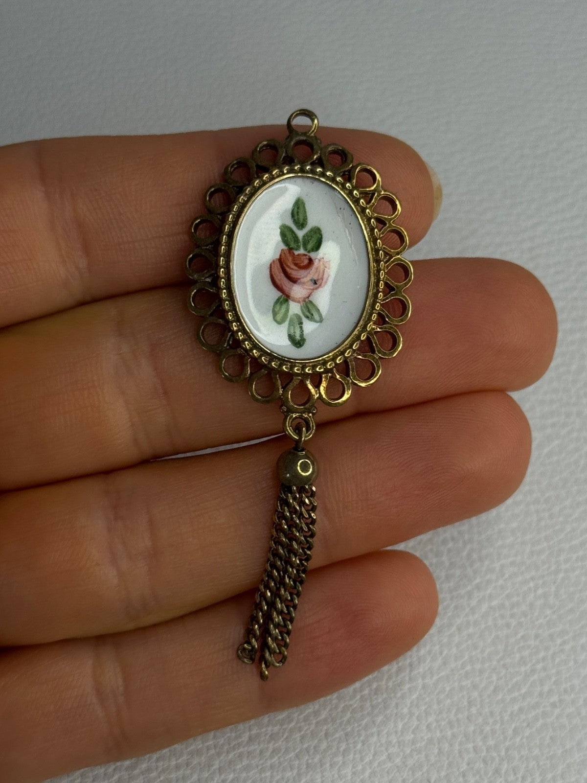 Vintage 925 Sterling Silver Gold Plated Pink Enamel Rose Pendant Length 2.5 Inch