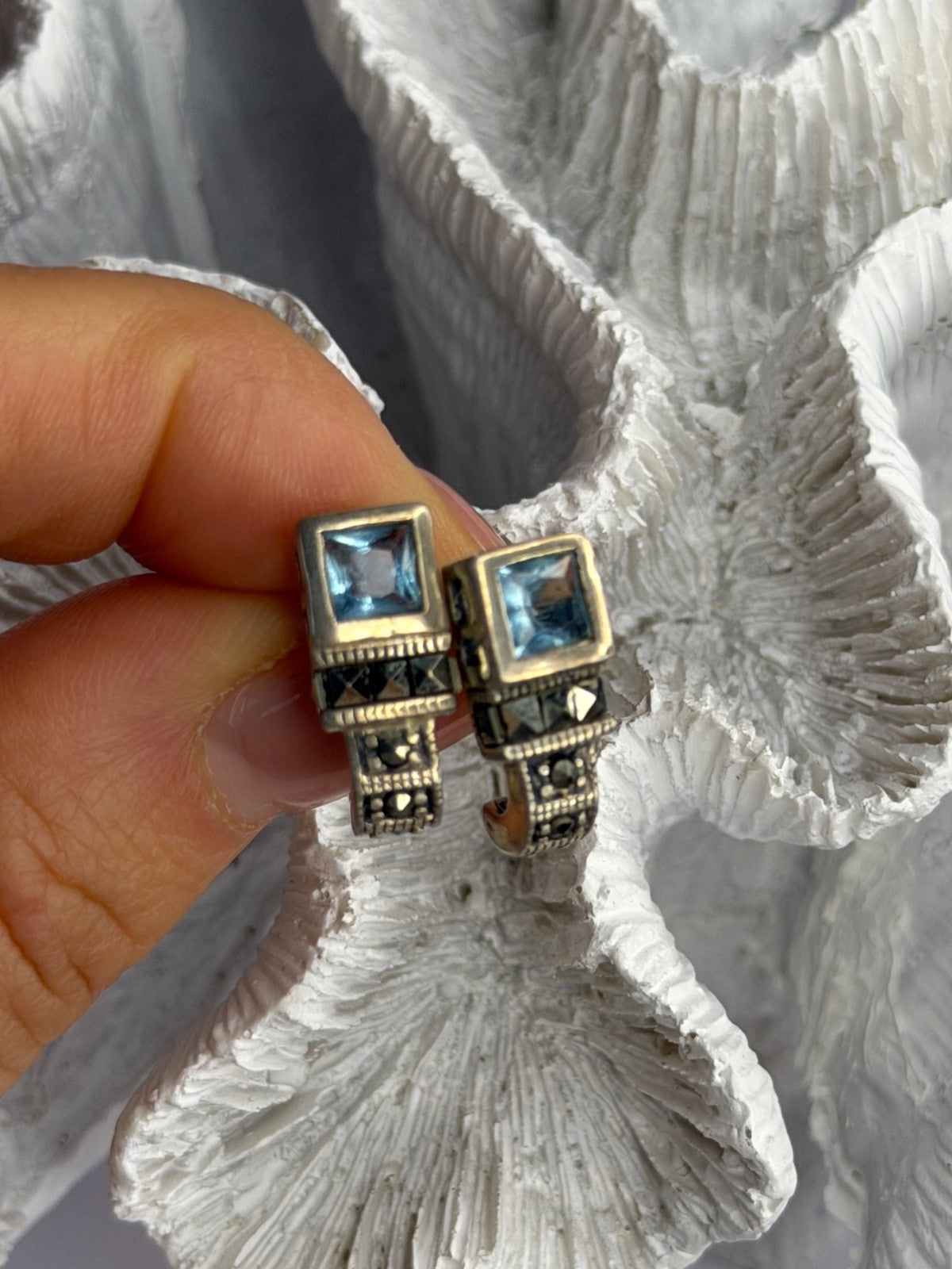 Vintage 925 Sterling Silver Blue Topaz & Marcasite Earrings