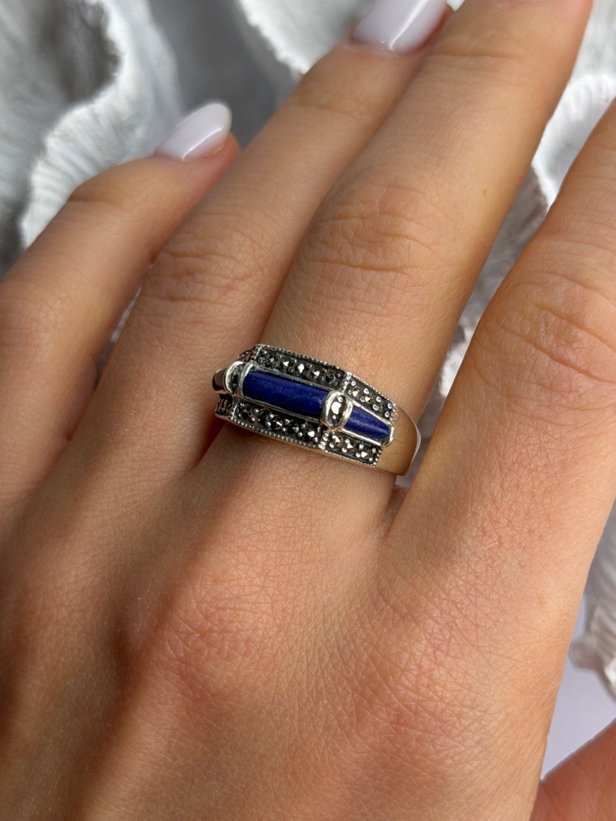 925 Sterling Silver Sodalite & Marcasite Ring Size 9