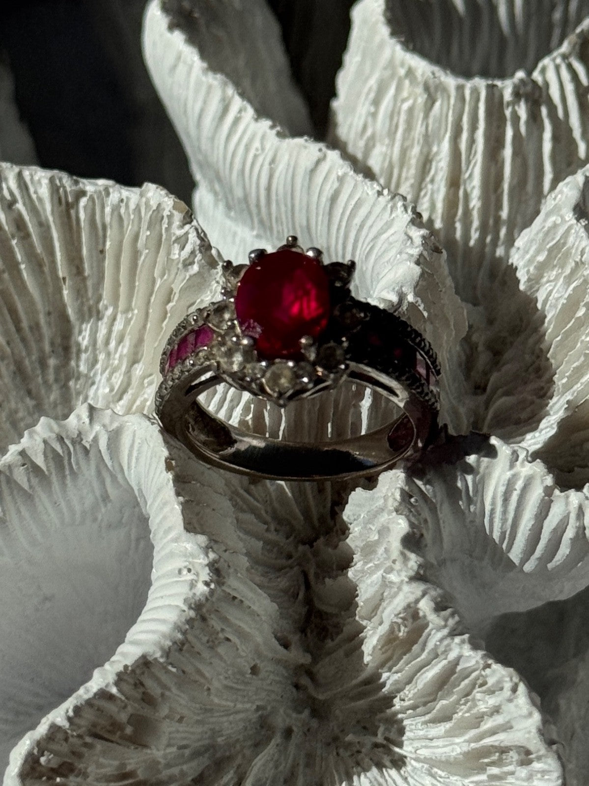 925 Sterling Silver Ruby & Beryl Flower Ring Size 7