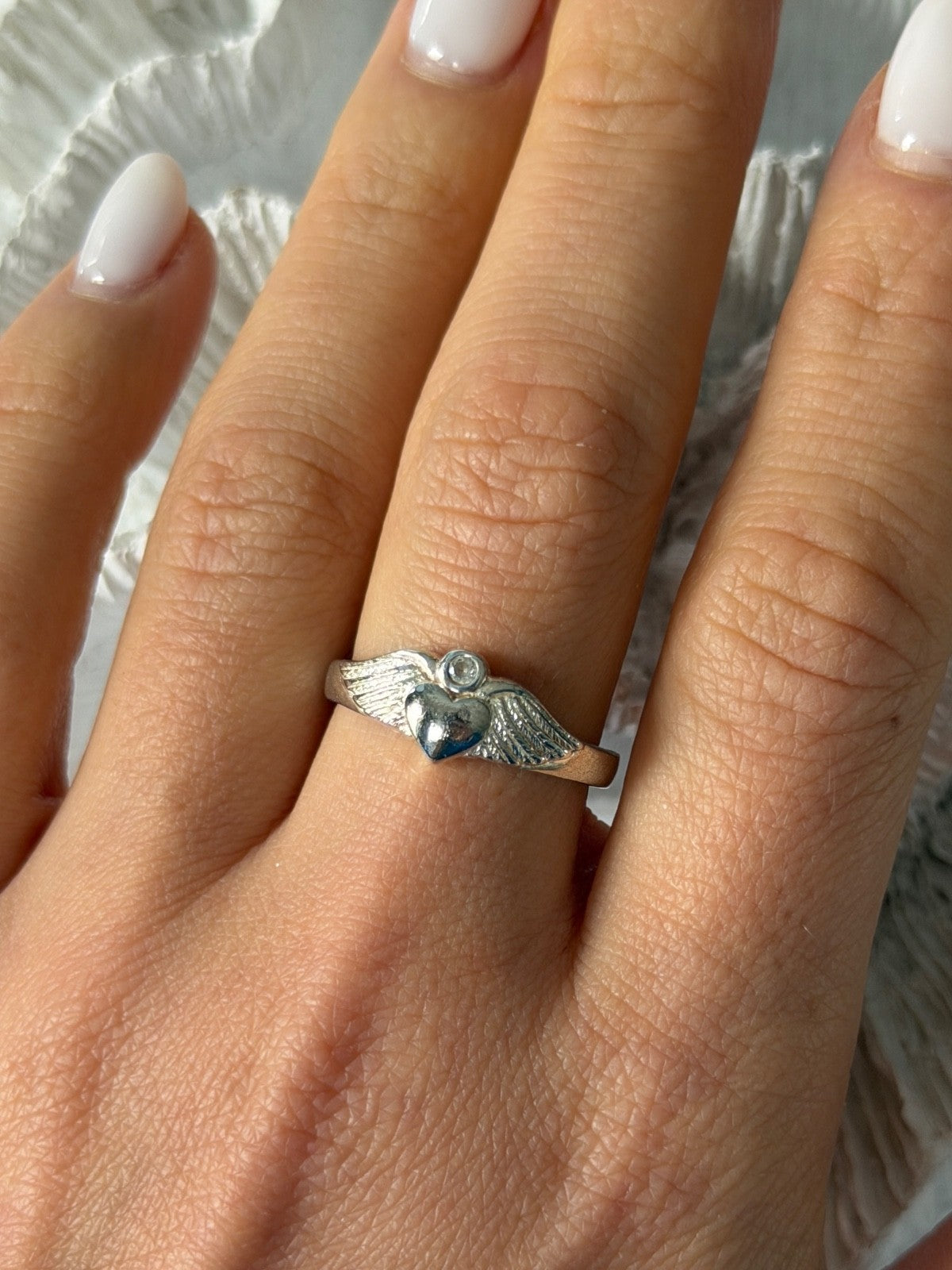 925 Sterling Silver Heart Wings Colorless Topaz Ring Size 9