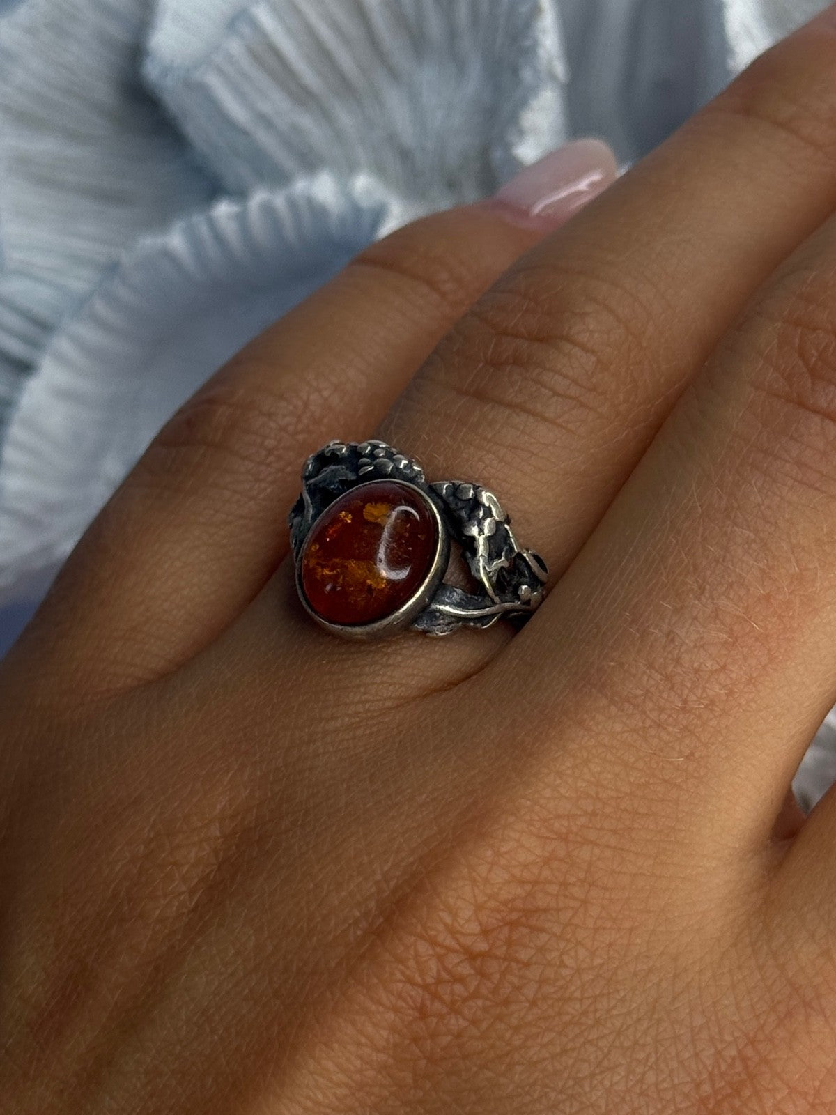 Vintage 925 Sterling Silver Amber Ring Size 8