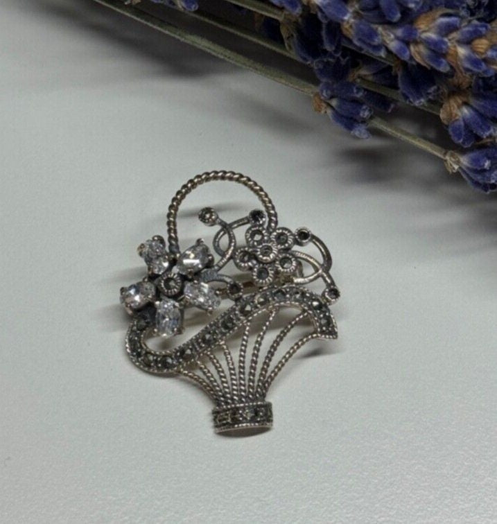 925 Sterling Silver CZ & Marcasites Flowers Brooch