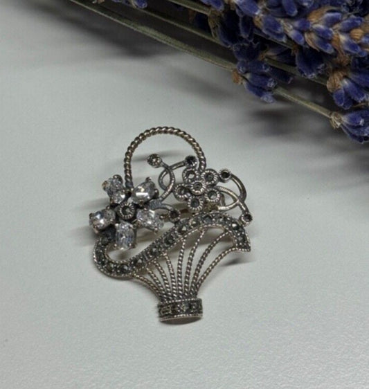 925 Sterling Silver CZ & Marcasites Flowers Brooch